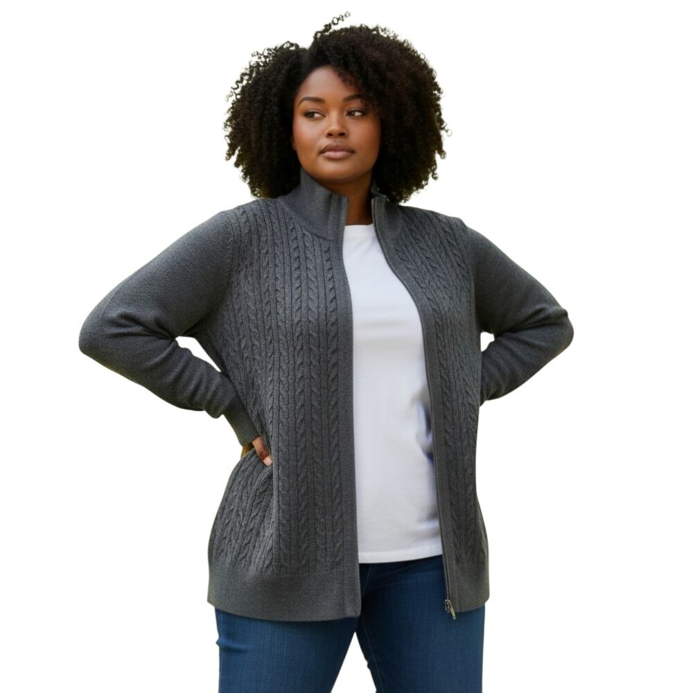 Talbots Gray Cable Knit Zip Front Cardigan Cotton/Poly/Wool Blend Plus Size 2X
